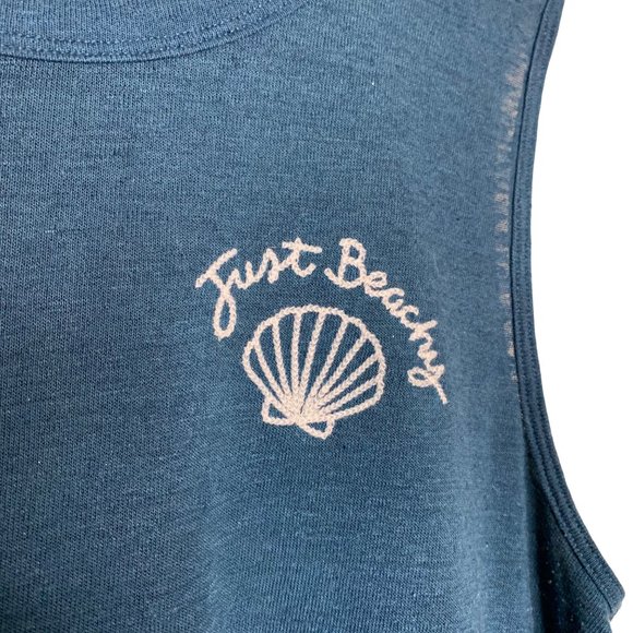 Old Navy Tank Top Just Beachy Shell Embroidered Linen Blend Teal Blue Shirt  M - Picture 3 of 6